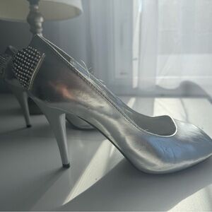 Silver peep toe heels. Worn once. EUC